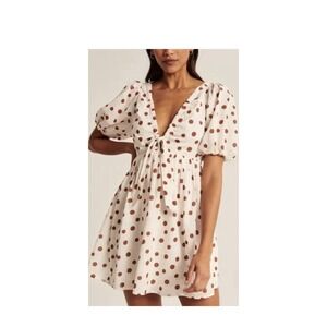 Women's M 100% Cotton Brown Polka Dot W/Cutout Puff Sleeve Babydoll Mini Dress